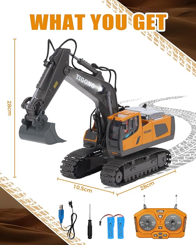 HuiJuKeJi 11-Channel Remote Control Excavator Toy Rechargeable 2.4 GHz RC Construction Vehicle for Kids 680° Rotation | Metal Shovel | Lights & Sounds for Boys Ages 6-12