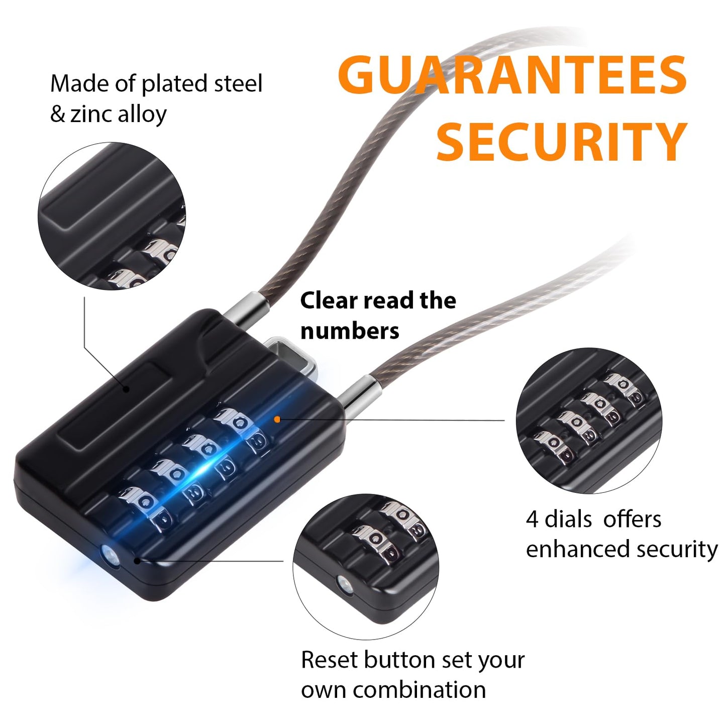 SEPOX® Compact Design Resettable Combination Padlock 4 Digit, 30mm 1-3/16" Width Body, Extra Long 16cm Cable Lock for Suitcase, Travel, Gym Lockers, Helmet, Cabinets, Case, Fence, Pack of 4 Black