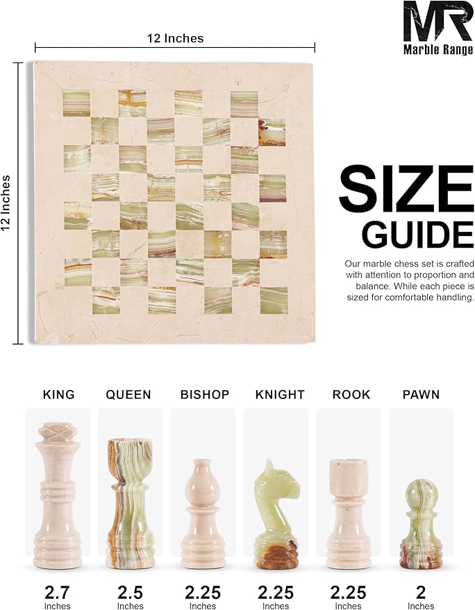 Marble Chess Set for Adults 12 Handmade Verona & Green Board Game with 32 Chess Pieces 2 Extra Queens & Storage Box Luxury Travel Game Elegant for Home Decor