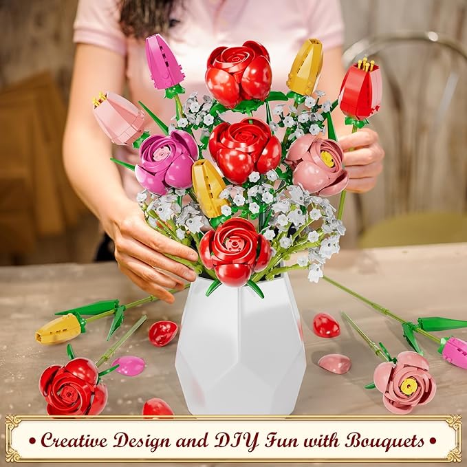 Utbttor Flower Bouquet Building Kit Red Rose & Tulips 680 Pcs Building Blocks Set - Valentine's Day Mother's Day Christmas Birthday Gift for Adults Women Her Home Office Decor No Vase