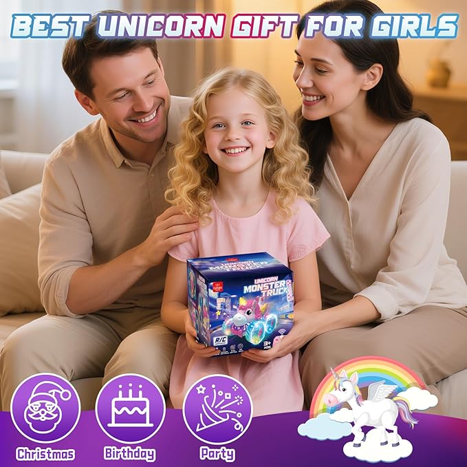 Lehoo Castle Remote Control Car for Girls 360° Rotating Unicorn Monster Truck with Light & Music 4WD All Terrain RC Stunt Car Rechargeable 2.4GHz RC Truck for 3 4 5 6 7 8 Girls Birthday Gift