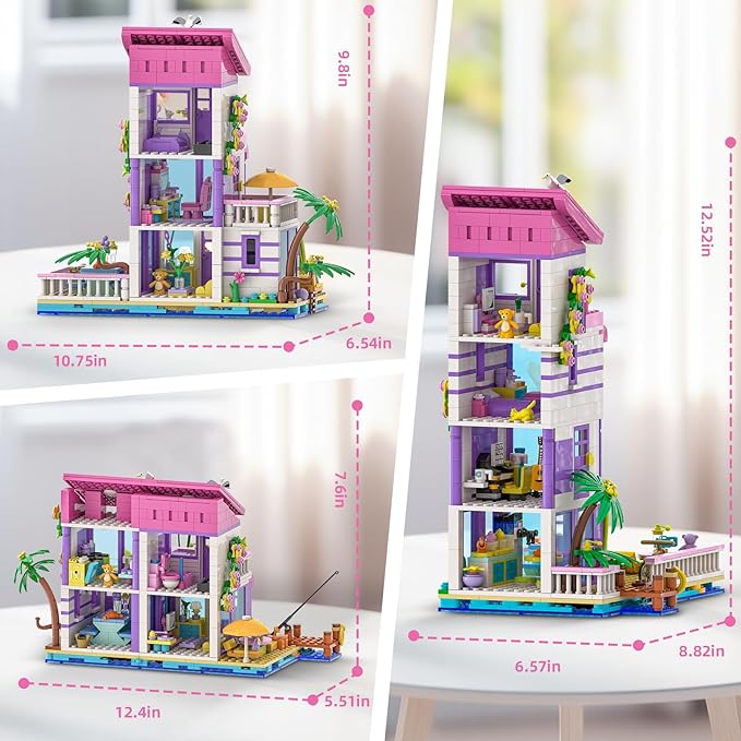 3 in 1 Pink Girls Beach House Building Set with Light Seaside Villa Friends Building Toys Compatible with Lego Friends Construction Educational Toy for Adults & 14+ (961 PCS)