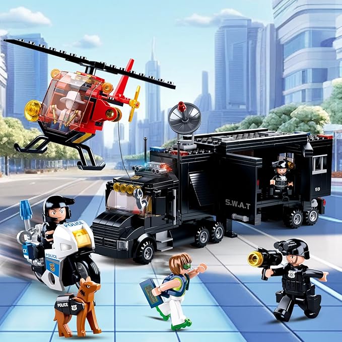 City Police Chase Building Set SWAT Mobile Command Police Truck Building Toy with Helicopter & Police Motorcycle Compatible with Lego City Police Station Gift for Boys Girls Aged 6+ 540 PCS