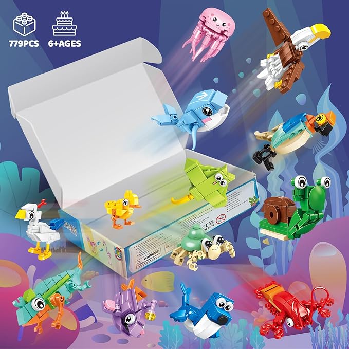 24 Packs Party Favors for Kids – 779 PCS 6-in-1 & 12-in-1 Animal Building Blocks Set with Animal Cards – Goodie Bag Fillers Classroom Prizes Birthday & Easter Gifts for Kids Ages 6-12