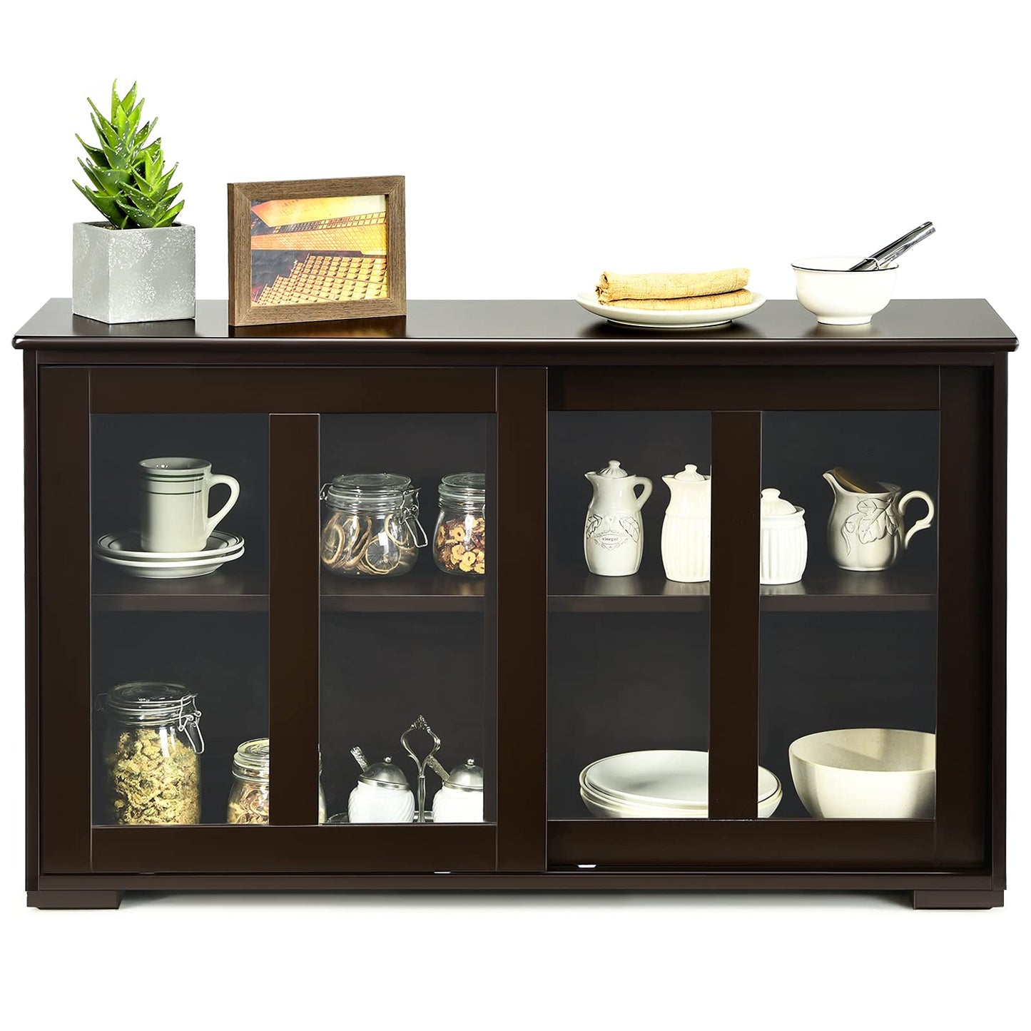 Byroce Sideboard Buffet Cabinet, Stackable Storage Coffee Bar Cabinet with Adjustable Shelf & Glass Sliding Doors, Wood Cupboard Credenza Console Table for Kitchen Dining Living Room (1, Coffee)