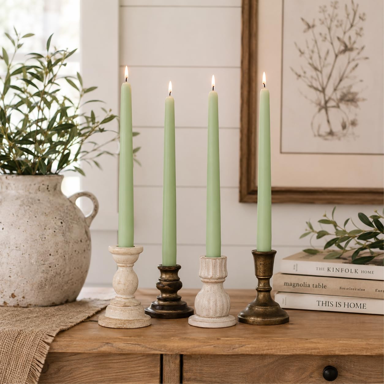 Soft Sage Green Taper Candles Set of 4, 10 Inch Handmade Candle Stick, Unscented Candlesticks, Tapered Candles for Wedding Dinner Table Home Decor Gift