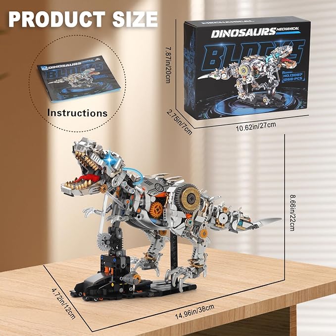 Mechanical Dinosaur Building Blocks Linkage Kit Jurassic Animal Tyrannosaurus Rex Model with Lighting & Display Stand STEM Toy DIY Desktop Ornament for Kids Ages 12+ Birthday Gift Idea