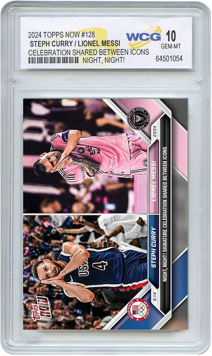 2024 Topps Now Steph Curry & Lionel Messi Night! Night! Icons Double Card #128 - Graded GEM Mint 10
