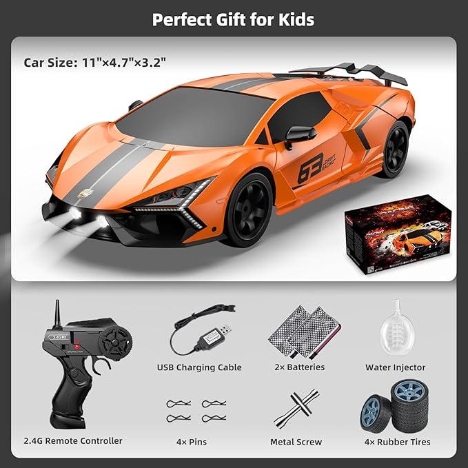 RC Drift Car Drifting RC Car 2.4GHz 1:16 Remote Control Cars 4WD High Speed Racing Vehicle with LED Lights Two Batteries and Drifting Tires Sport Toy Cars for Adults Boys Girls Kids Orange