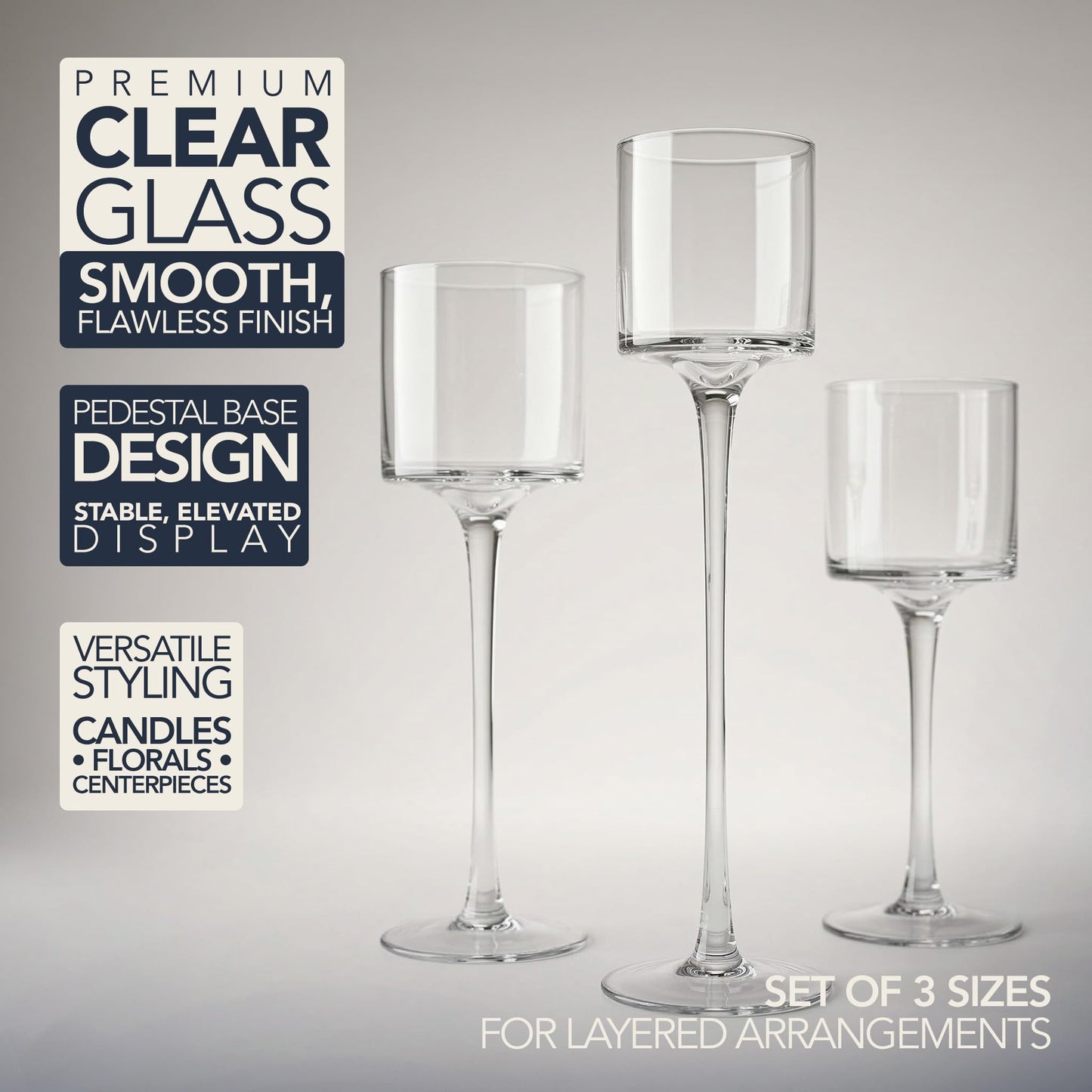 Royal Imports Glass Candleholder Flower Vase, Floating & Pillar Candle Centerpiece Display, Decorative Hurricane on Pedestal for Home or Wedding Set of 3, Clear