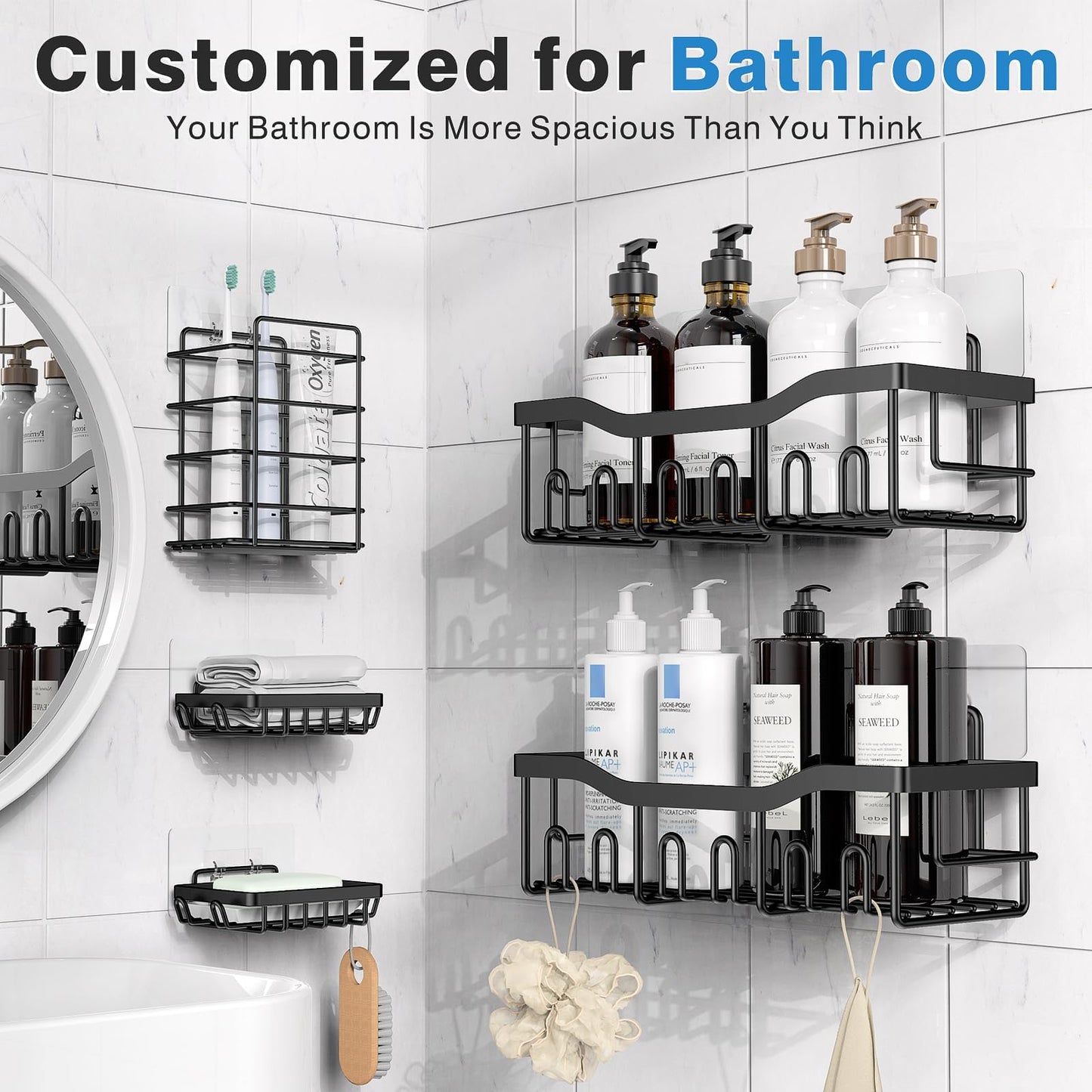 EUDELE Adhesive Shower Caddy, 5 Pack Rustproof Stainless Steel Bath Organizers With Large Capacity, No Drilling Shelves for Bathroom Storage & Home Decor-XL Size