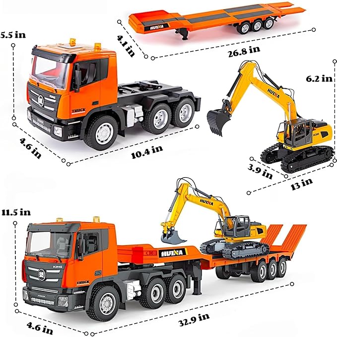 RC Semi Truck & RC Excavator Set 1:24 Scale Remote Control Flatbed Truck with Detachable Trailer 2.4GHz RC Semi-Trailer Construction Vehicle with Sound and Light