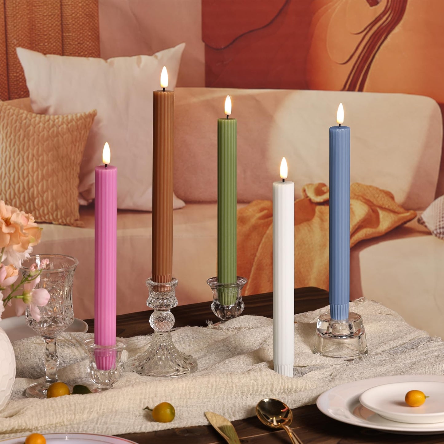 Girimax Brown Ribbed Fluted Flameless Taper Candles with Remote, Flickering Battery LED Wax Candlesticks Wedding Table Decor Set of 4