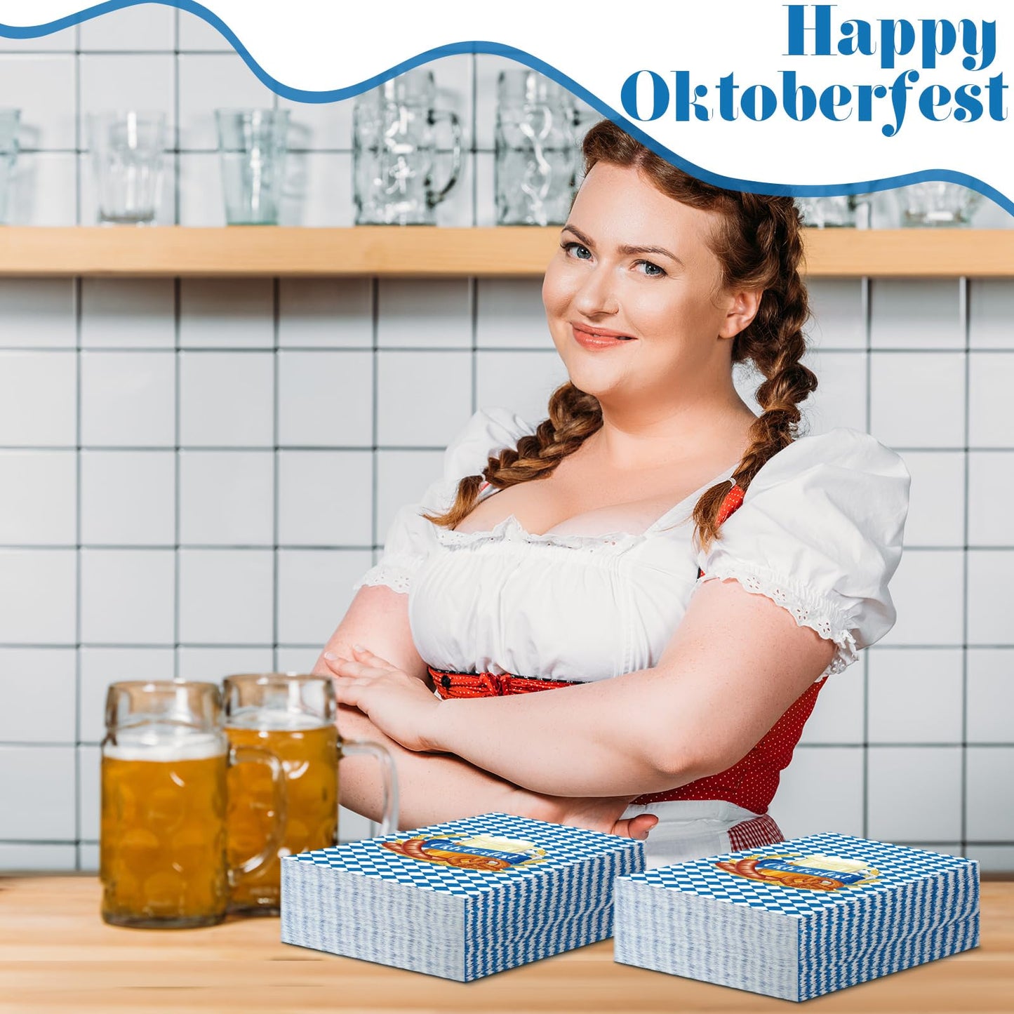 Crtiin 200 Pieces Oktoberfest Paper Napkins Disposable Blue and White Bavarian Flag Check Luncheon Decorative Paper Napkins for Beer Theme Oktoberfest Decoration Party Supplies