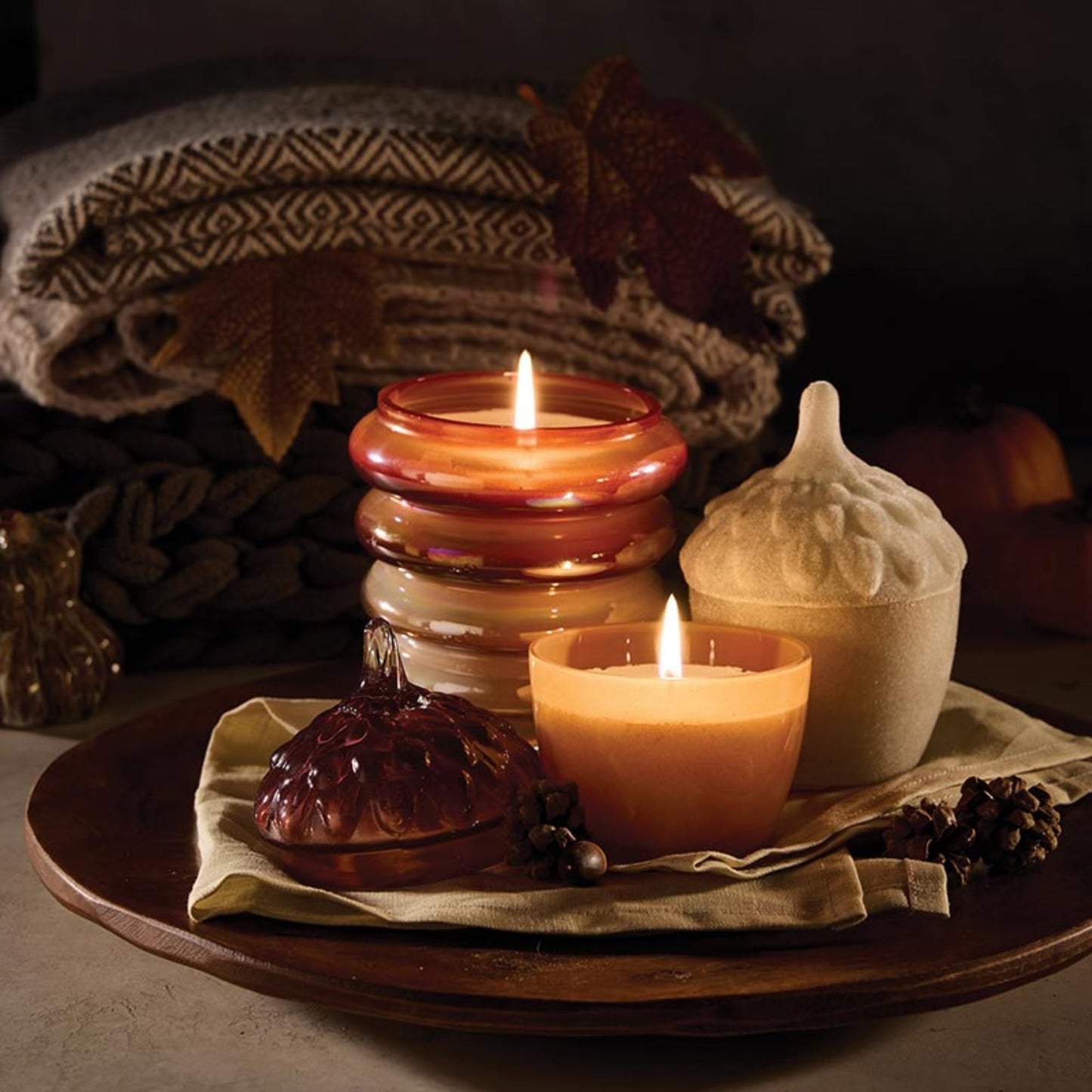 47th & Main Scented Candles Amber Tiered Decorative Glass Candle for Home Decor, 4.25" Dia x 4.5" Tall, Harvest Festival