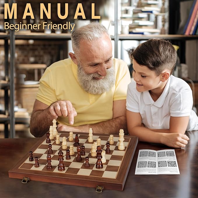 Magnetic Wooden Chess Set 15 Folding Chess Board with 2 Extra Queens Portable Travel Chess Set with Pieces Storage Slots Beginner Chess Board Game for Adults & Kids