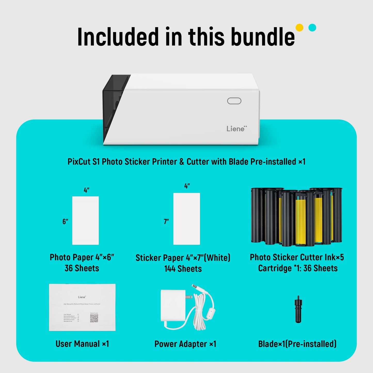 Liene PixCut S1 Inspire Kit - All-in-One Color Sticker Printer & Cutting Machine, Thermal Dye-Sublimation Photo Printer, 300 DPI, Color Label Maker with 180 Sheets (36 Photo + 144 Sticker Paper)