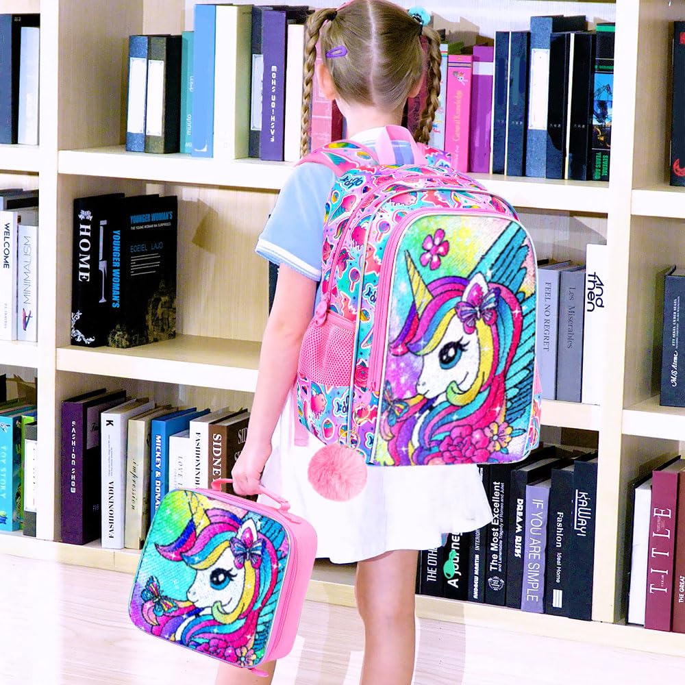 ZLYERT 3Pcs Unicorn Backpack for Girls, Sequin Bookbag for Elementary Preschool Students, 16" Kids Backpacks with Lunch Box(Pink)