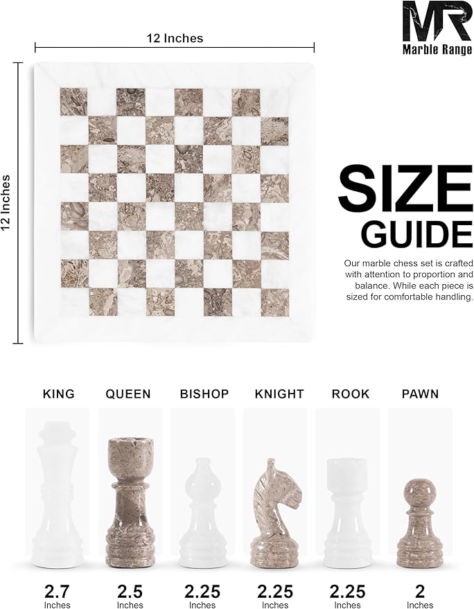 Marble Chess Set for Adults 12 Handmade White & Oceanic Board Game with 32 Chess Pieces 2 Extra Queens & Storage Box Luxury Travel Game Elegant for Home Decor