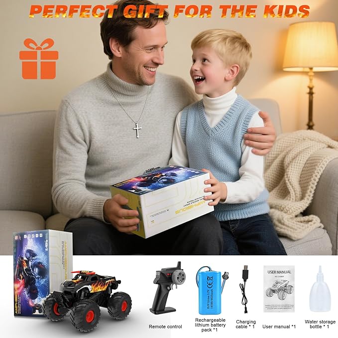 Amphibious Remote Control Car 4WD | Waterproof RC Cars with Dual Spray Mist & Led Lights1:16 RC Monster Truck for All Terrain Off-Road Pickup Toys Gifts for Boys/Girls Age 8-12+