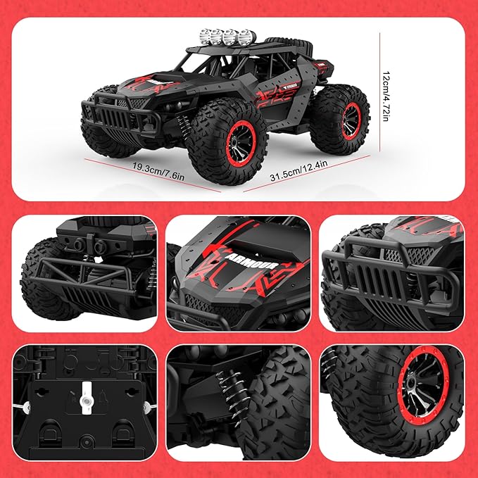 1:16 Scale Remote Control Car 2.4GHz High Speed 25 km/h Off-Road RC Car with Two Rechargeable Batteries & 70+ Min Playtime Remote Control Monster Truck for Kids Boys Girls and Adults