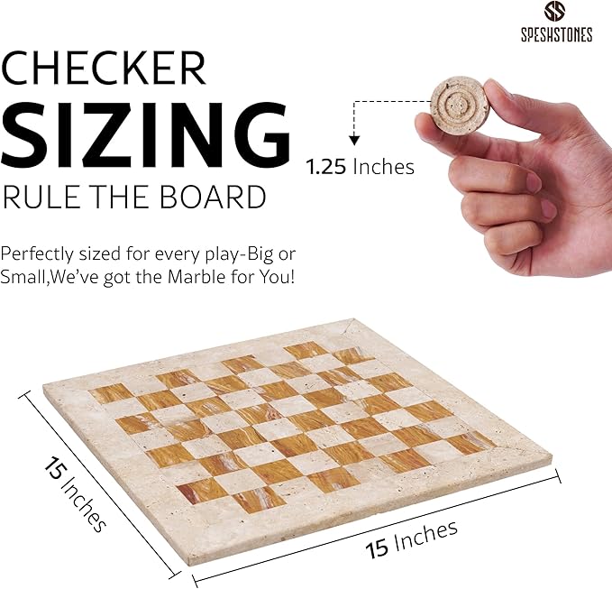 Marble Checkers Set 15 Inch Handmade Travertine & Brown Checkers Board Game with Checker Pieces - Board Games for Adults Game Table Accessories Gifts & Home Décor