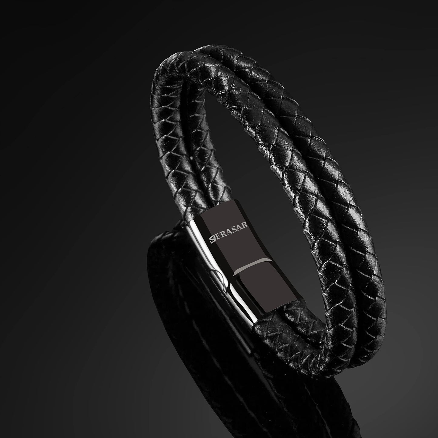 SERASAR 8″ Black Leather Bracelets for Men Mens Cowhide Gift Box Braided Bracelet Stainless Steel Jewelry Wrist Band Cuff Wrap Rope Bangle Dad Man Pulseras para Hombres Cuero Regalo