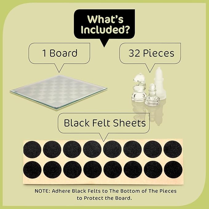 Fine Glass Chess Set Modern Clear Chess Board Set with Solid Clear & Frosted Glass Chess Pieces | 12'' Crystal Chess Board Set Felt Padding Included