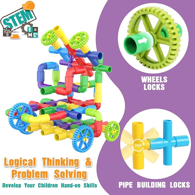 STEM Building Toys for Kids - 250 Pcs Tubular Pipe & Spout Interlocking Construction Set | Toddler Learning Toys Age 3-5 6-8 | DIY Tube Locks Blocks with Storage Box & Idea Book | Gift for Boy