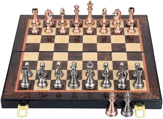 Luxury Metal Chess Set with 15 Inch Wooden Chess Board | Weighted Metal Chess Pieces | 2 Extra Queens | Professional & Tournament Style Chess Set for Adults | Elegant Game Room & Office Decor