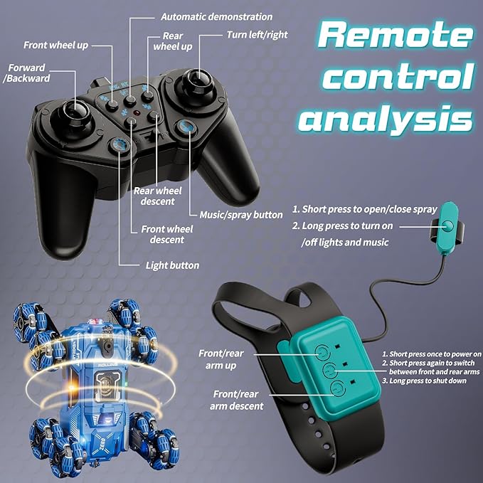 Cool 8 Wheel Gesture Control RC Stunt Car Birthday Toys Gifts for 6 7 8-12 13 14 Year Old Boys 2.4Ghz Hand controlled Remote Control Transform Drift Cars Double Sided Climbing with Light & M