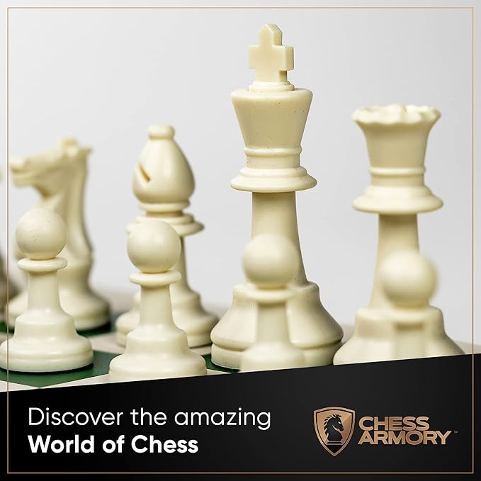 Chess Armory Roll Up Chess Set - 17 On-The-go Travel Chess Set - Vinyl Roll Up Portable Chess Board & 2 Extra Queens - Light and Mobile Chess Set - Play Chess Anywhere Anytime!