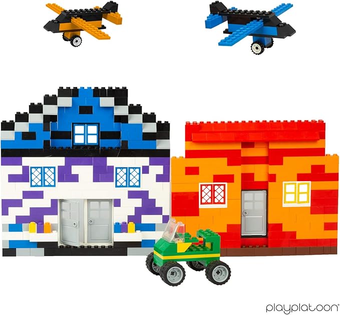 Play Platoon 1100 Pieces Building Bricks Set - 10 Classic Color Blocks - Bulk Building Blocks Compatible with Major Brands 14 Different Shape Bricks - Includes Wheels Tires Axles Windows & Doo