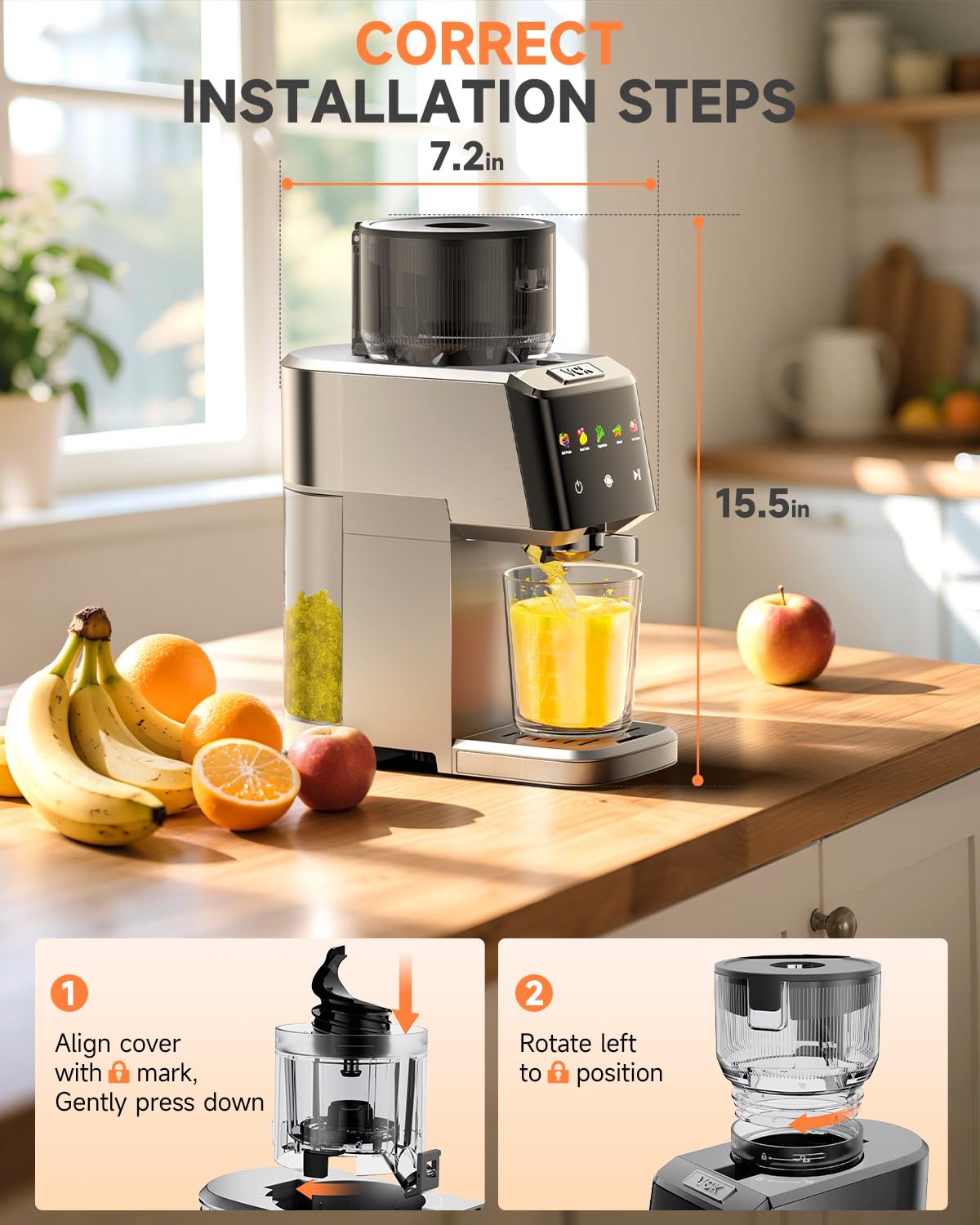 Cold Press Juicer with Large 5.12" Feed Chute- Slow Masticating Technology for Nutrient Retention, Quiet Motor, High Juice Yield, Leakproof Base- Perfect for Fruits Vegetables & Leafy Green