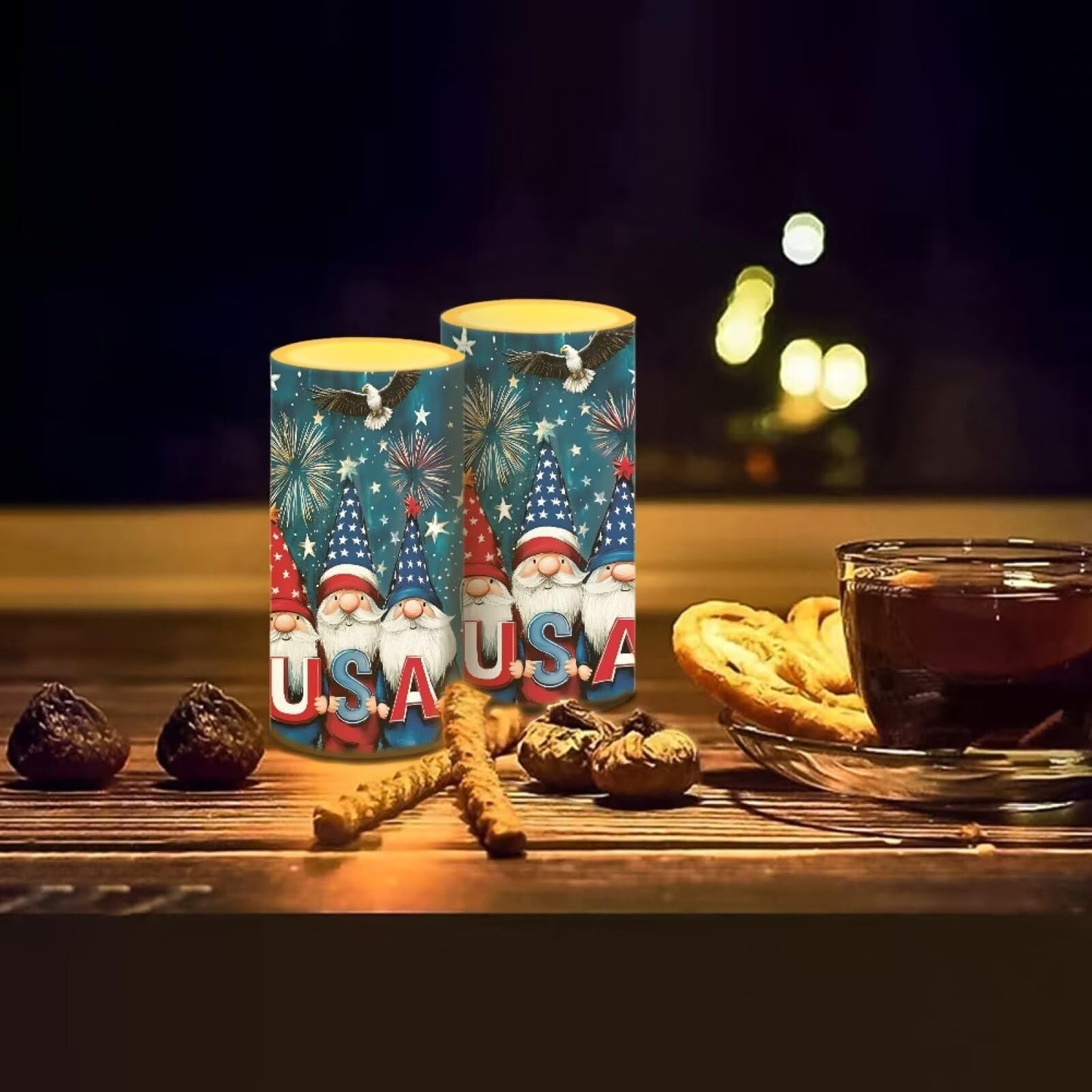 NETILGEN USA Flag Cute Gnome Print 2 Pcs Flameless Candles Battery Powered LED Pillar Candles with Timer Remote 4th of July Patriotic Independence Day Decor