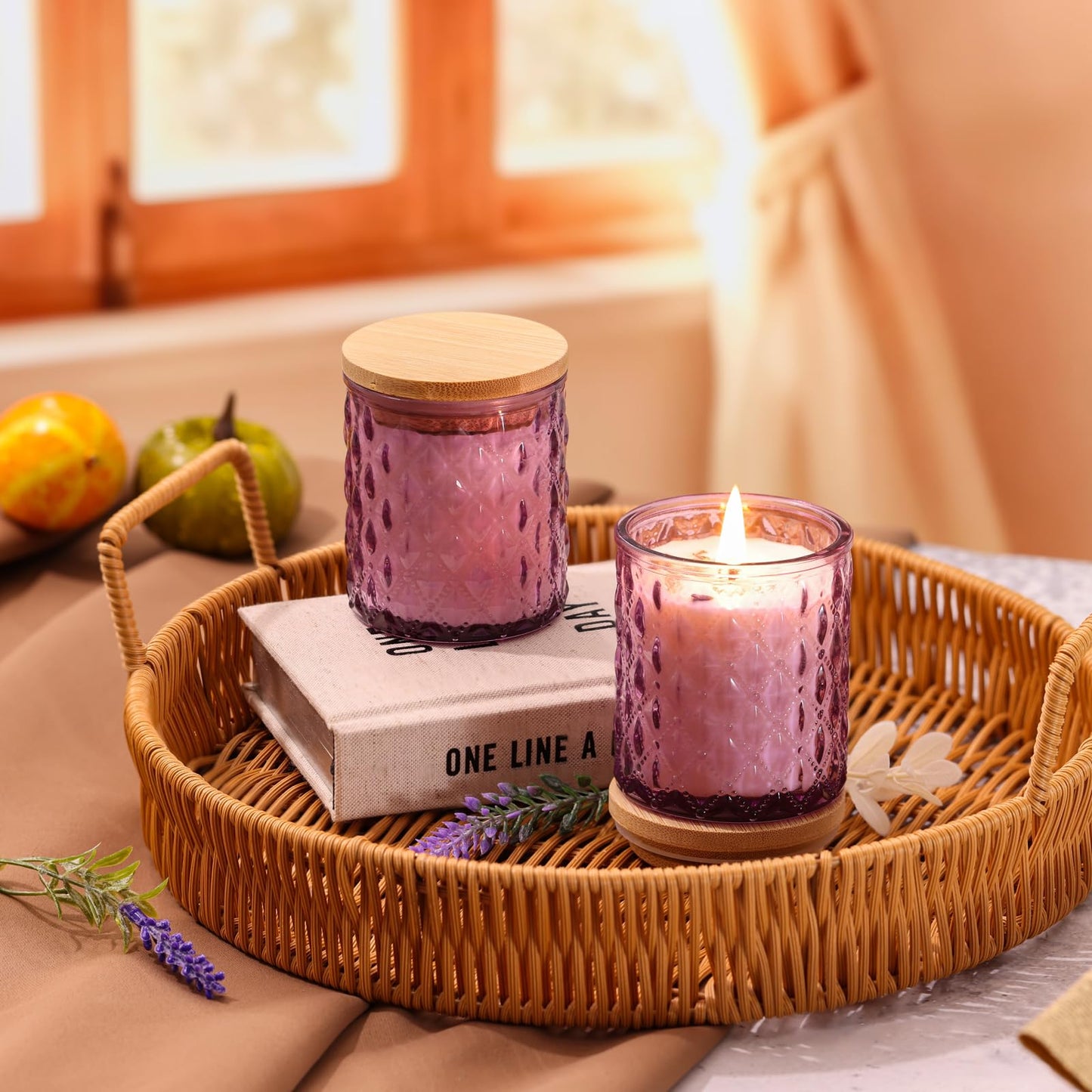 MATAHUM 2 Pack Lavender Scented Candles for Home Decor, 6.5oz Natural Soy Wax Aromatherapy Jar Candles, Lavender Candle for Relaxing Meditation, Birthday Housewarming Giftable for Women