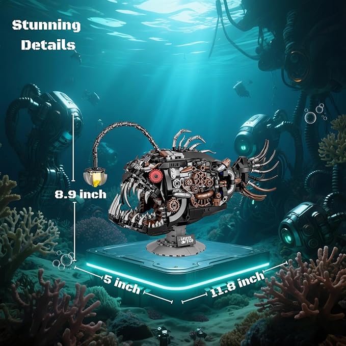 Mechanical Angler Fish Building Block Set - STEM Toys for Boys & Girls 8-14+ Deep Sea Ocean Creature Kit Home/Office Decor with Light Great Gift for Kids & Adults(1038+Pieces)