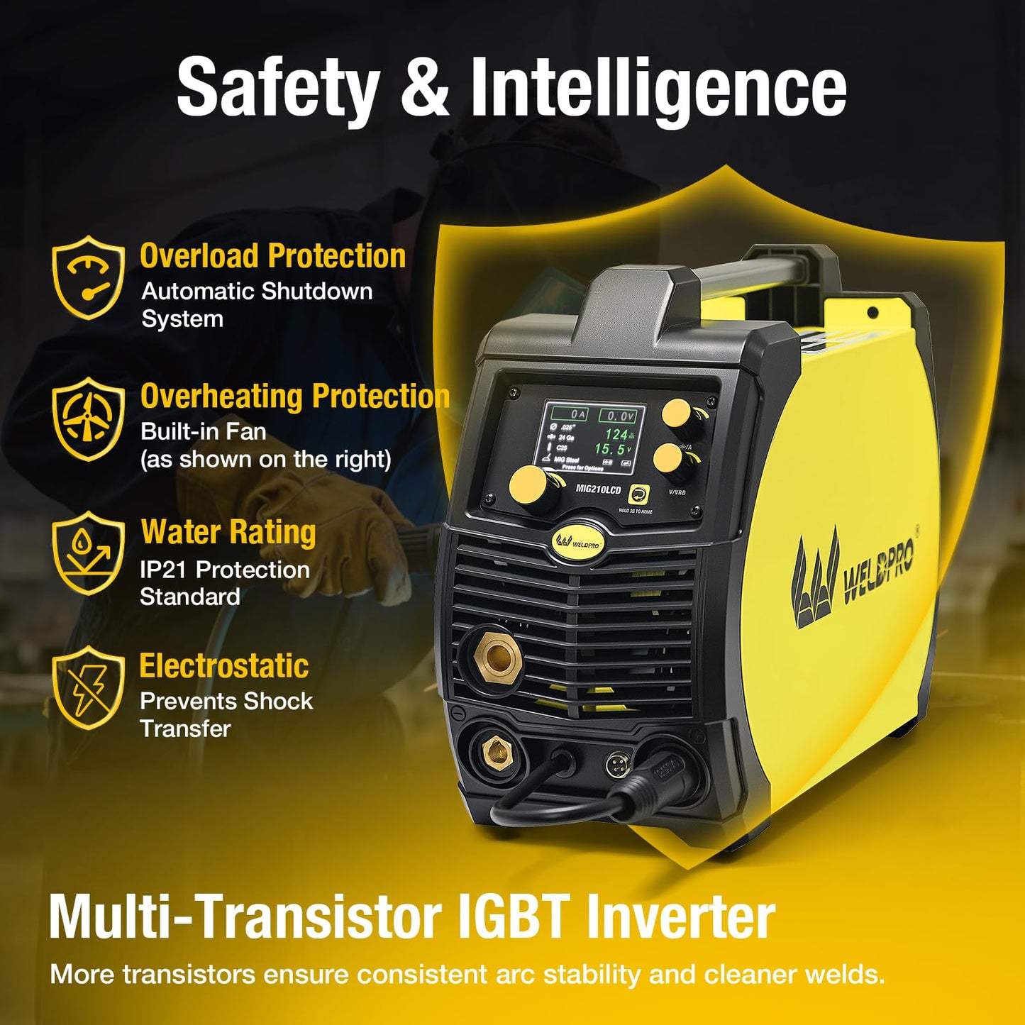 Weldpro 200A MIG Welder, 110V/220V Flux Core MIG Welder/MMA/TIG/Stick 5 in 1 Welding Machine with Spot Timer, IGBT Inverter Portable Gasless Welder Equipment, Aluminum Spool Gun Compatible