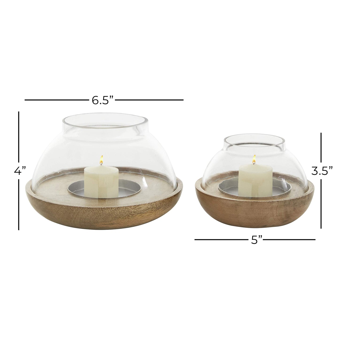 Deco 79 Wood Tealight Hurricane Lamp, Set of 2 4", 3"H, Brown