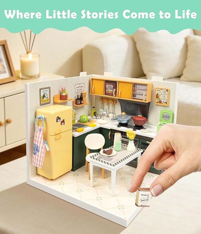 DIY Miniature Kitchen Dollhouse Kit with LED Light Dust-Proof Door & Roof - Cozy Home Cooking Room Creative Building Set for Adults & Teens - Immersive Craft Kit for Handmade Decor & Gift