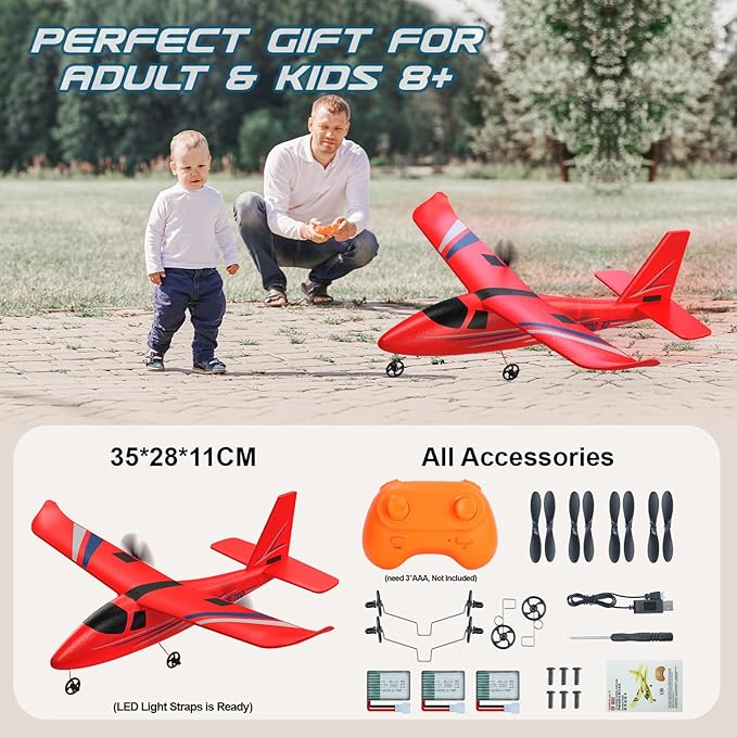RC Airplane 2.4GHZ Remote Control Airplane 2CH RC Plane Hobby RC Airplanes Toy W/ 3 Batteries & Gyro Stabilizer Easy to Fly for Beginners Kids Boys Girls Adults (Red)