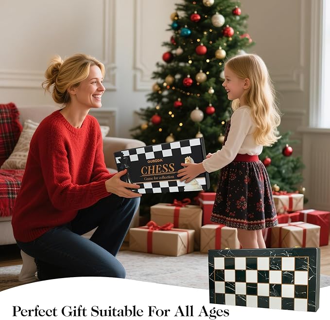 15 Large Chess Set for Adults with Extra 2 Queens Weighted Acrylic Pieces-3.5 King w/Leather Base Portable Folding Marbling Wooden Chess Board - Travel/Family Game & Elegant Gift