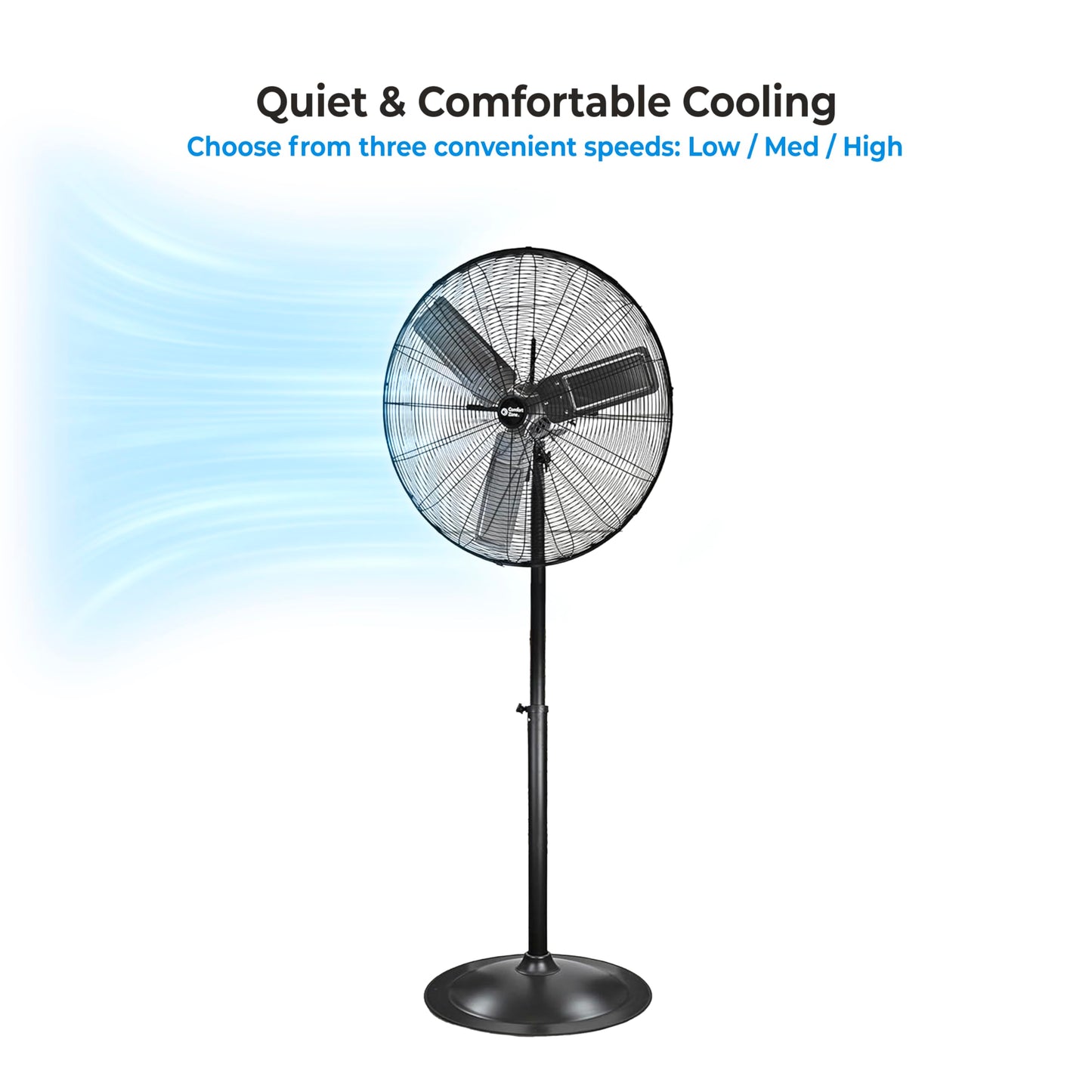 Comfort Zone Industrial Pedestal Fan, 30 inch, 3 Speed, High Velocity, Adjustable Height 56” to 76”, Metal, Meets OSHA Standards, Airflow 36 ft/sec, Ideal for Garage, Workshop or Warehouse, CZHVP30