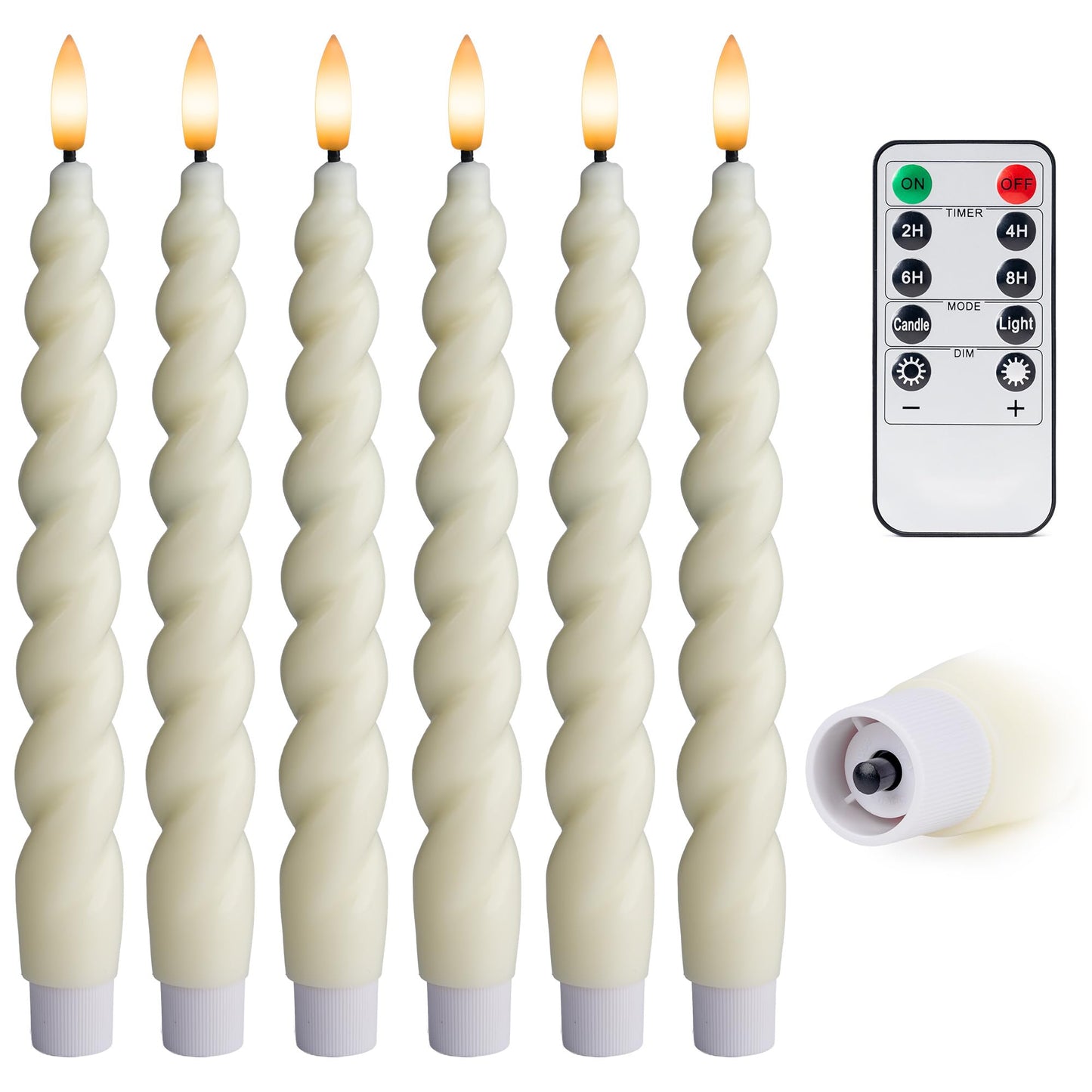 West Ivory Full Twisted Spiral Flameless LED Taper Candles – Ivory, Set of 6 – 2/4/6/8-Hr Timer (24-Hr Memory), Remote, Dimmable, Bottom On/Off Button, Flicker/Steady, Battery Operated