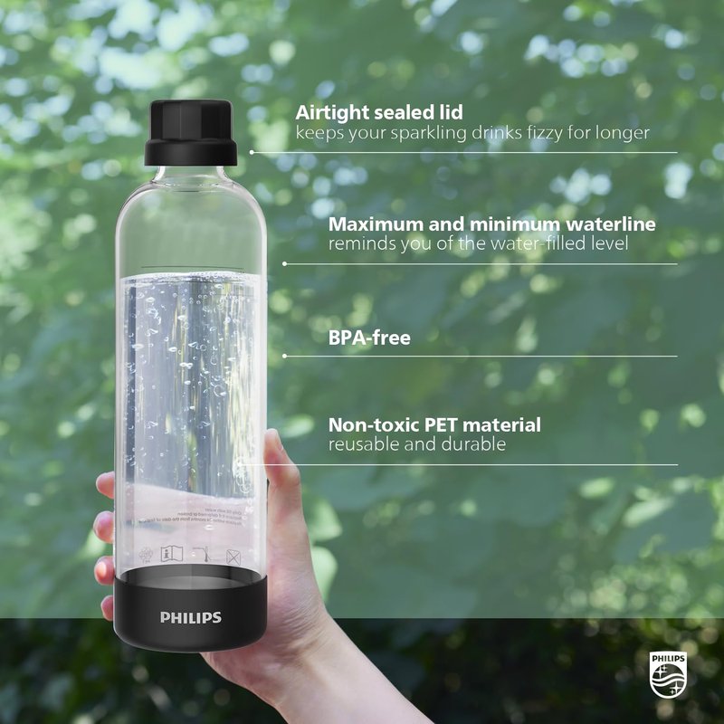 Philips Carbonating Bottles ADD910BKOQ/37, 1L Twin Pack Reusable PET Water Bottles Compatible Sparkling Water Maker, 2 Pack for ADD4902BKOQ/37, ADD4902WHOQ/37 and ADD4901GROQ/37, ADD4901BKOQ/37