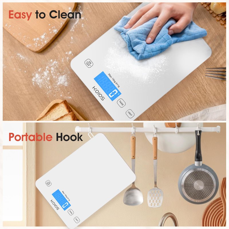 KOIOS Kitchen Scale, 33lb/15kg Digital Food Scales Weight in Grams and Ounces for Cooking Baking, 1g/0.1oz Precise Graduation, Batteries and Type-C Charging, Tare Function, LCD Display, White