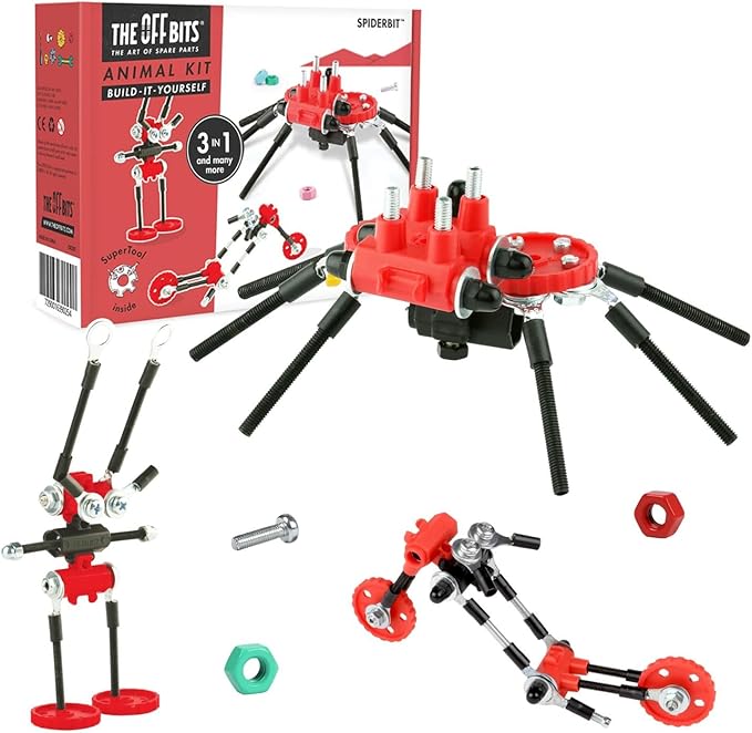 The Off Bits Erector Set: Animal Mini STEM Toys for Kids 6+ Toy Building Sets with Nuts & Bolts STEM Building Toys Gifts for Boys and Girls (Red Spider)