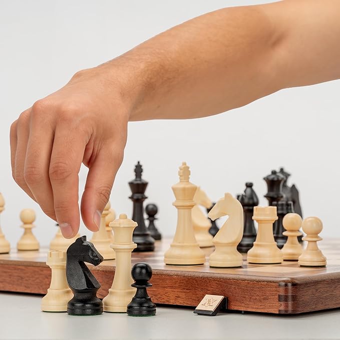 A&A Premium Folding Chess Set 19 Wooden Board & 3.75 King Height Staunton Pieces with 2 Extra Queens Portable Travel Game Set (Natural Mahogany 19 Inches)