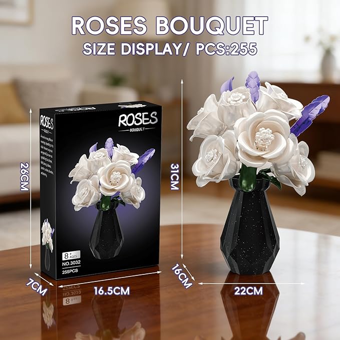 White Roses Flowers Bouquet Building Set with Vase 256 Pcs Artificial Botanical Collection with Purple Accents Floral Centerpiece Home Decor Gift for Adults