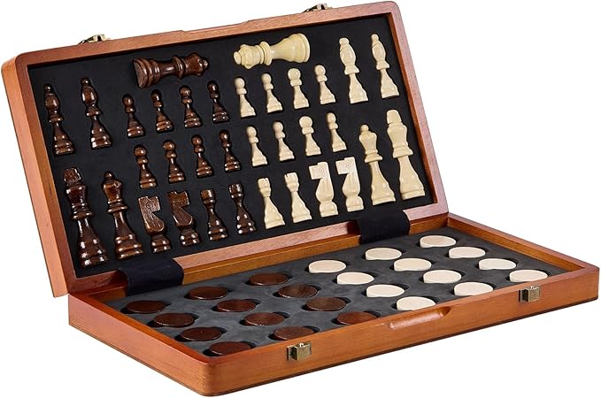 VEVOR 15-inch Magnetic Wooden Chess Set 2-in-1 Folding Chess and Checkers Game for Adults and Kids Portable Travel Chess Set with 2 Queens Ideal for Tournaments Professionals and Beginners